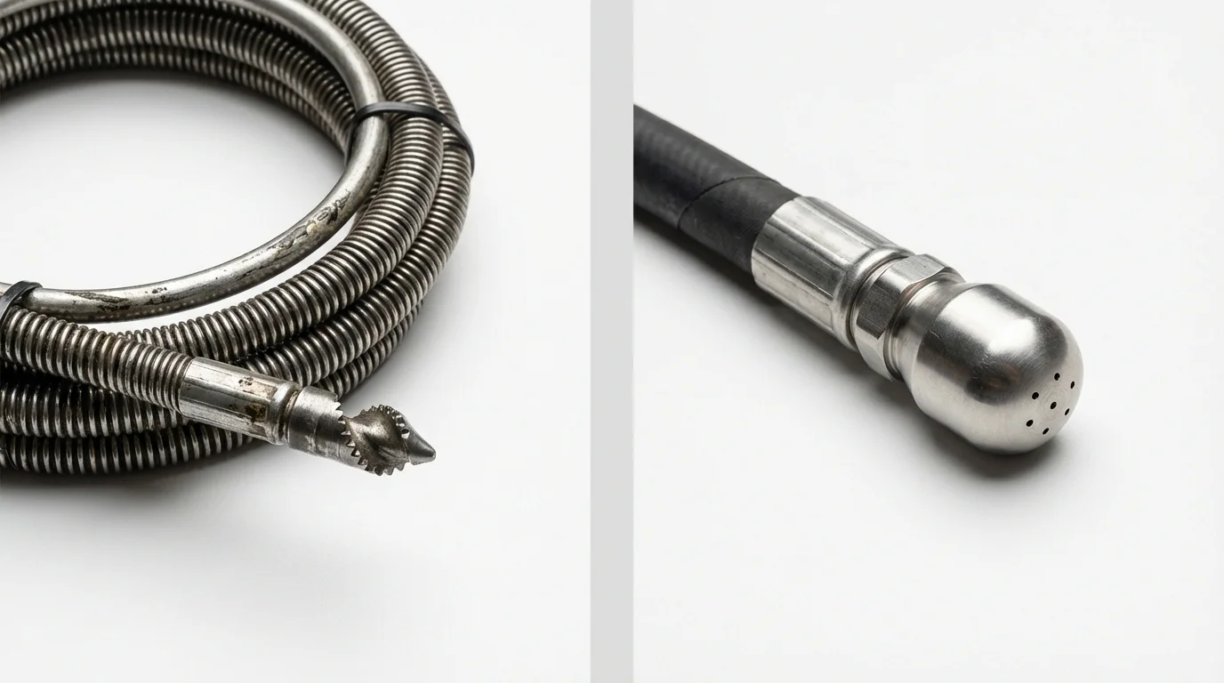 Drain snake cable and hydro jetting nozzle used for drain cleaning in Snellville, GA