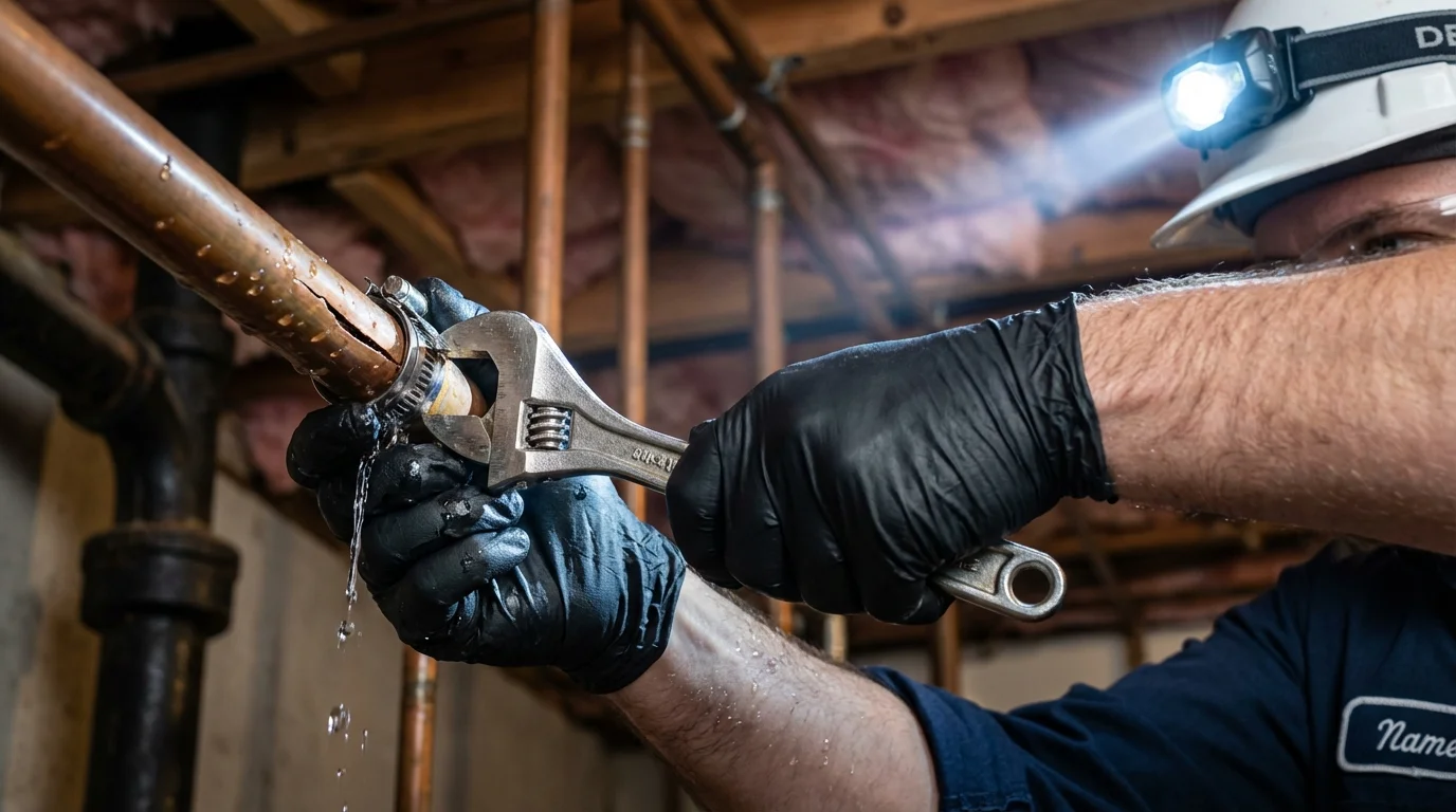 Emergency pipe clamp repair being performed by a Johns Plumbing LLC plumber in Snellville