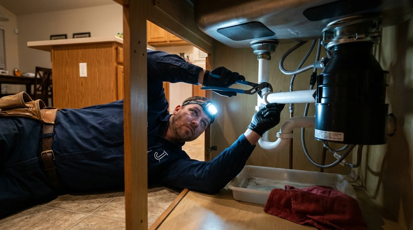 P-trap and supply line connections under a kitchen sink showing a common leak point in Snellville, GA